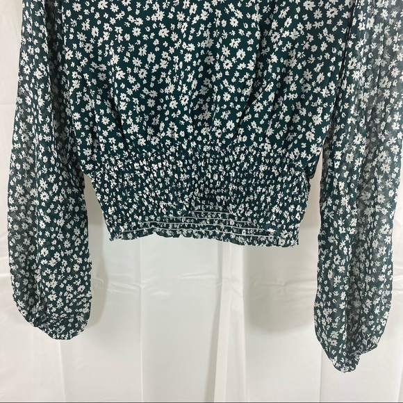 Green Floral Longsleeve Shirred Crop Top Size - Picture 4 of 9